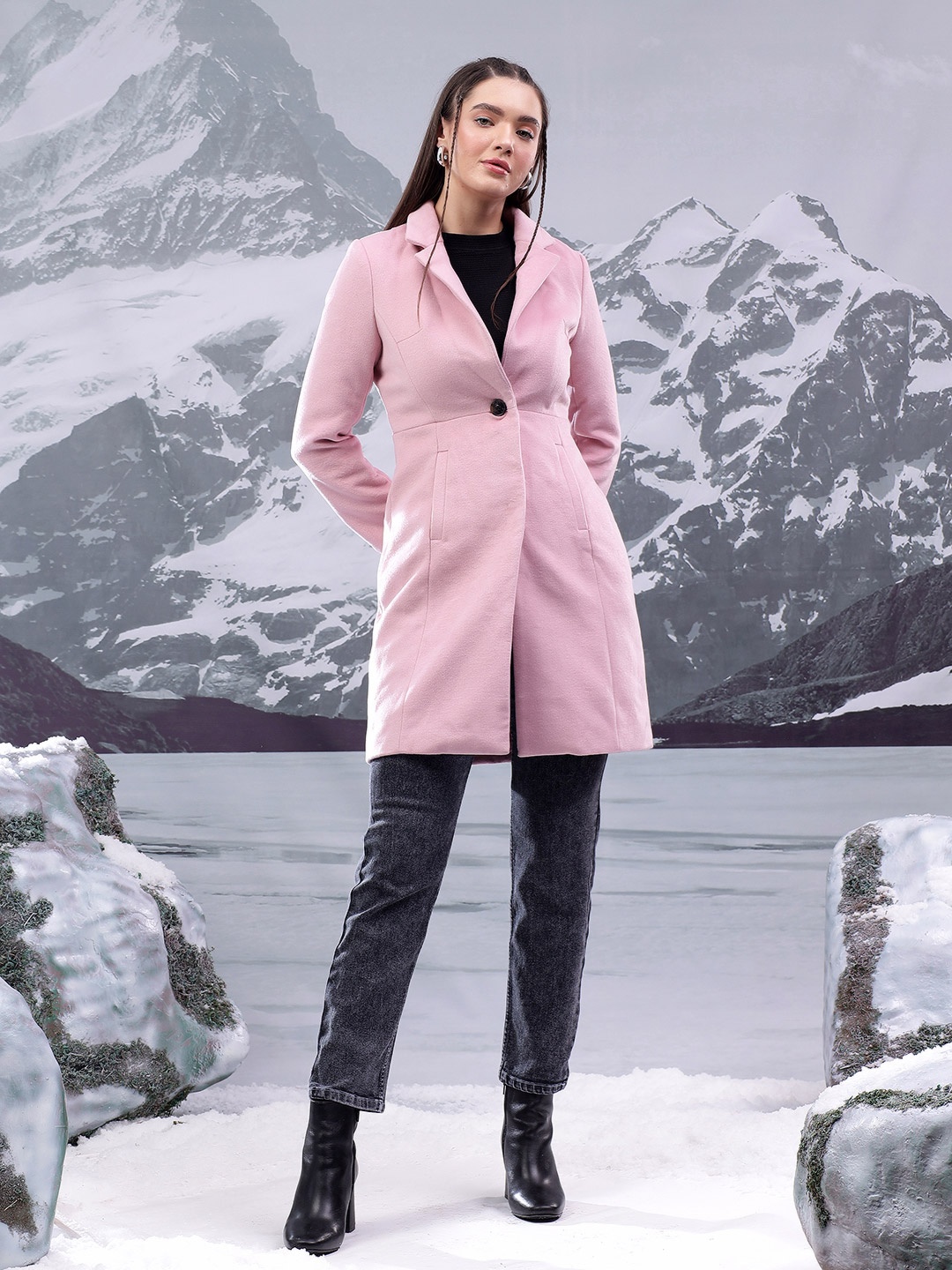 

Kotty Women Notched Lapel Single-Breasted Overcoat, Pink