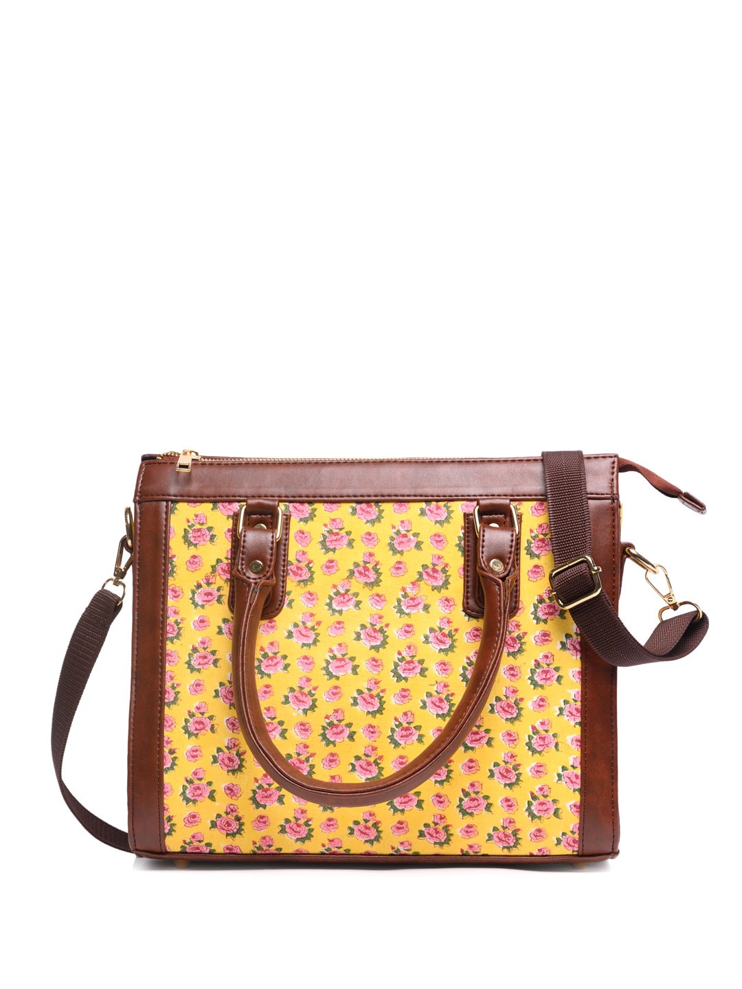 

Block N Style Women Floral Printed Structured Cotton Handheld Bag, Brown