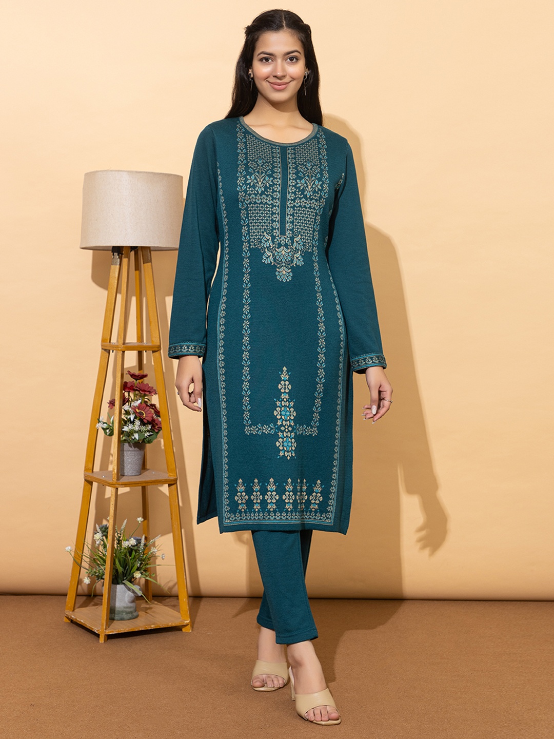 

Anouk Teal Blue Floral Woven Design Round Neck Straight Kurta