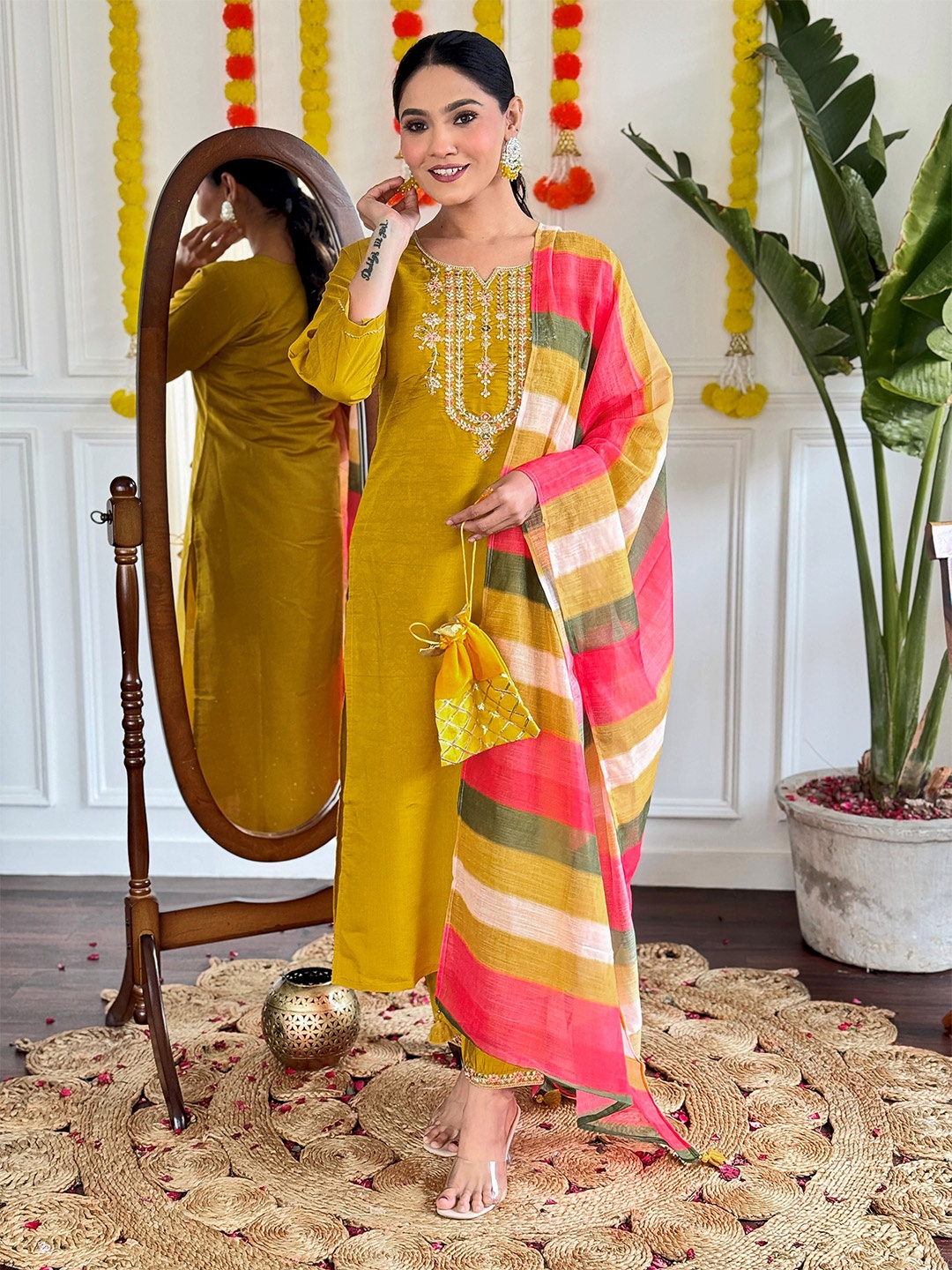 

KALINI Floral Embroidered Thread Work Kurta with Trouser & Dupatta, Mustard