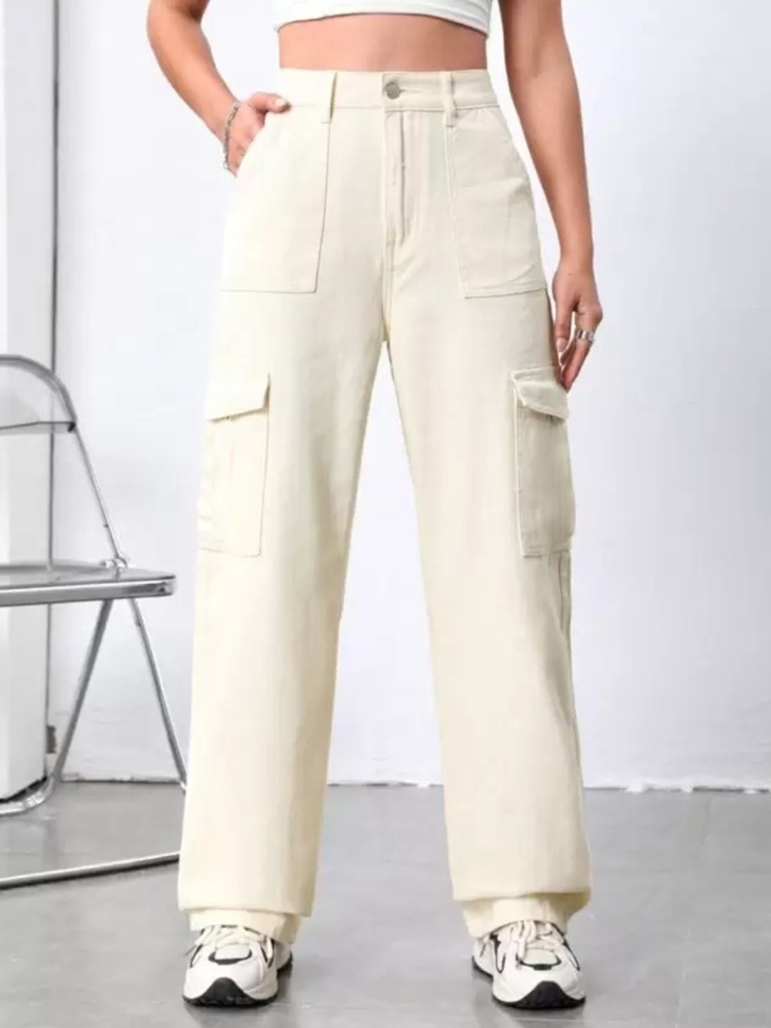 

Lahaba Women Loose Relaxed Fit Stretchable Cargo Jeans, White