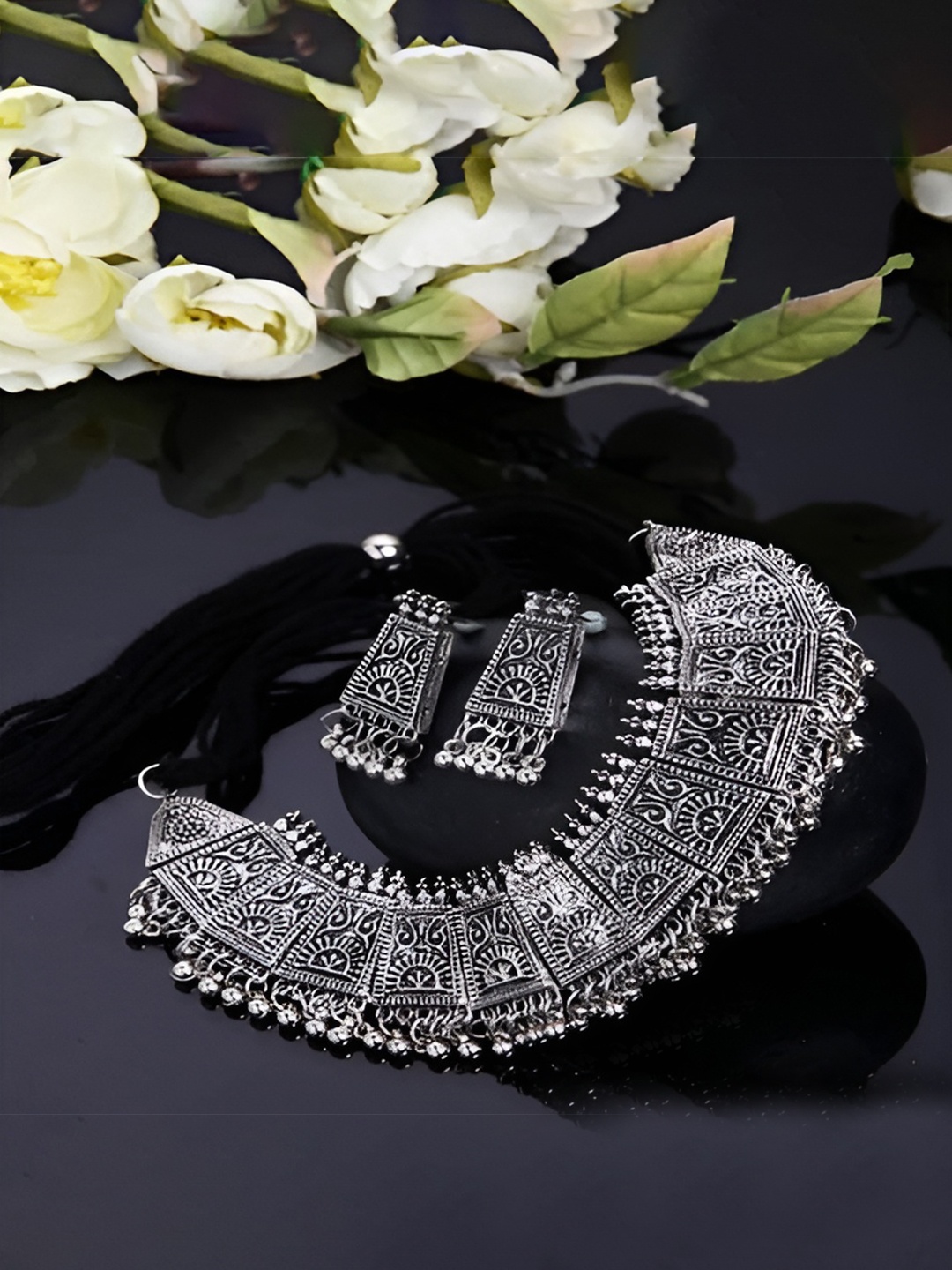 

JMBW INTERNATIONAL Set Of 2 Silver-Plated Beaded Oxidized Necklace and Earrings