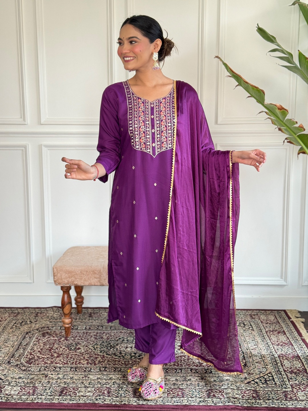 

SHIJILA Women Floral Embroidered Regular Thread Work Kurta with Trousers & With Dupatta, Purple