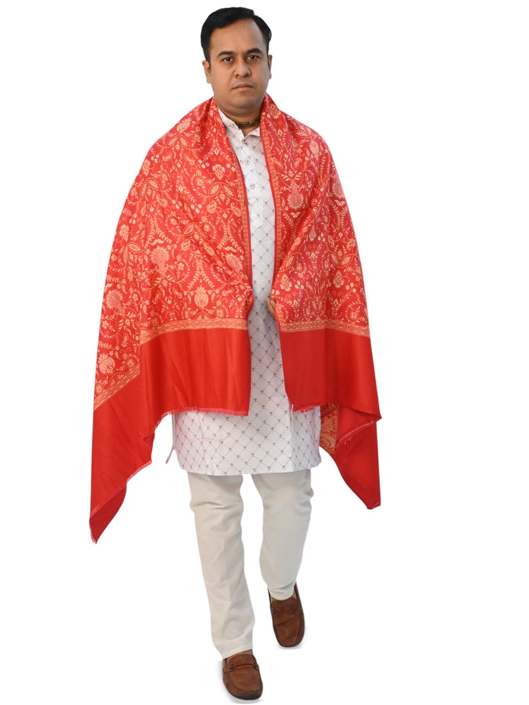 

Vrinde Floral Woven Design Kashmiri Pure Woollen Shawl, Red