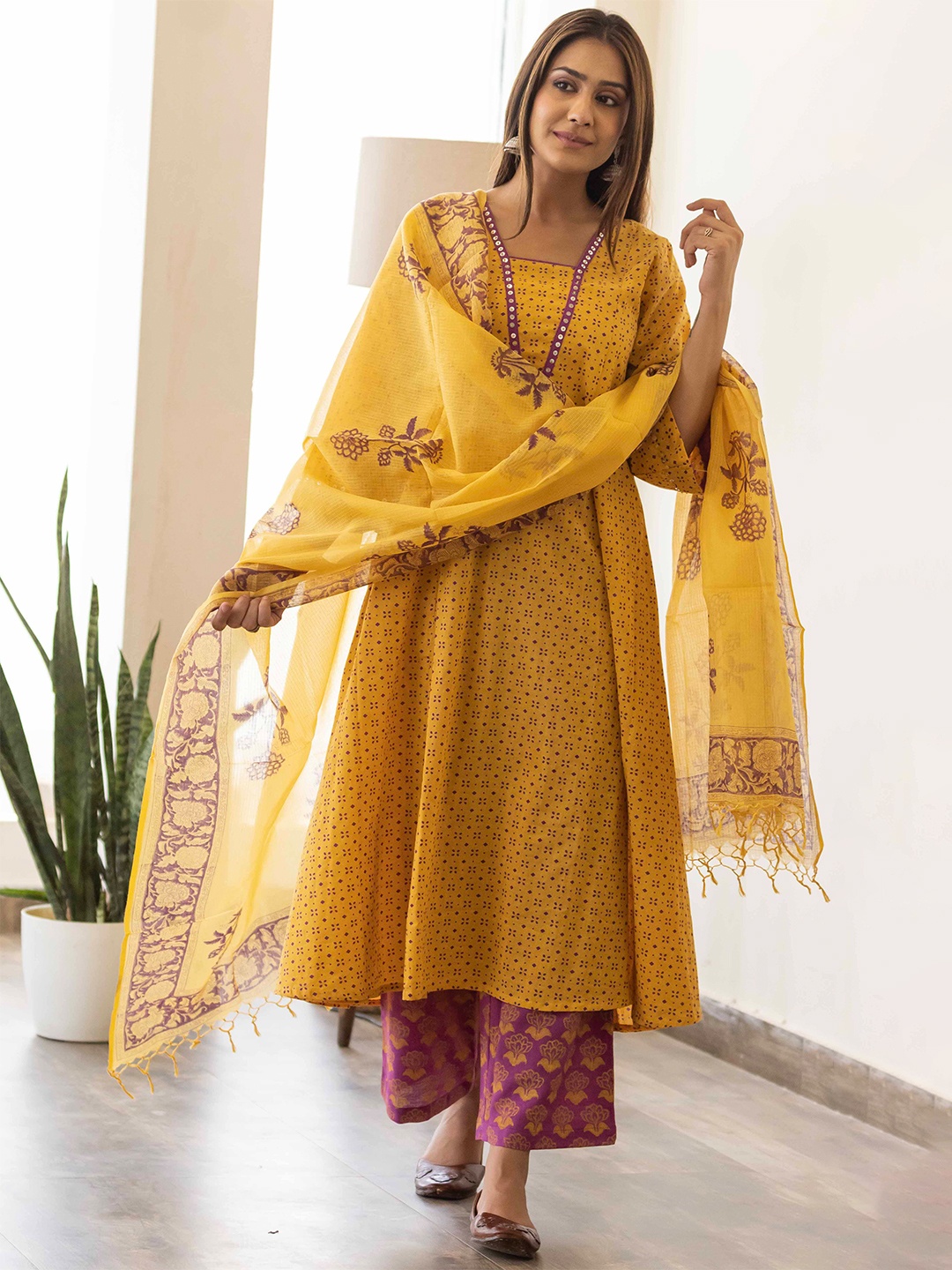 

Maitri Jaipur Floral block Printed Sequin Pure Cotton A-Line Kurta with Palazzos & Dupatta, Yellow