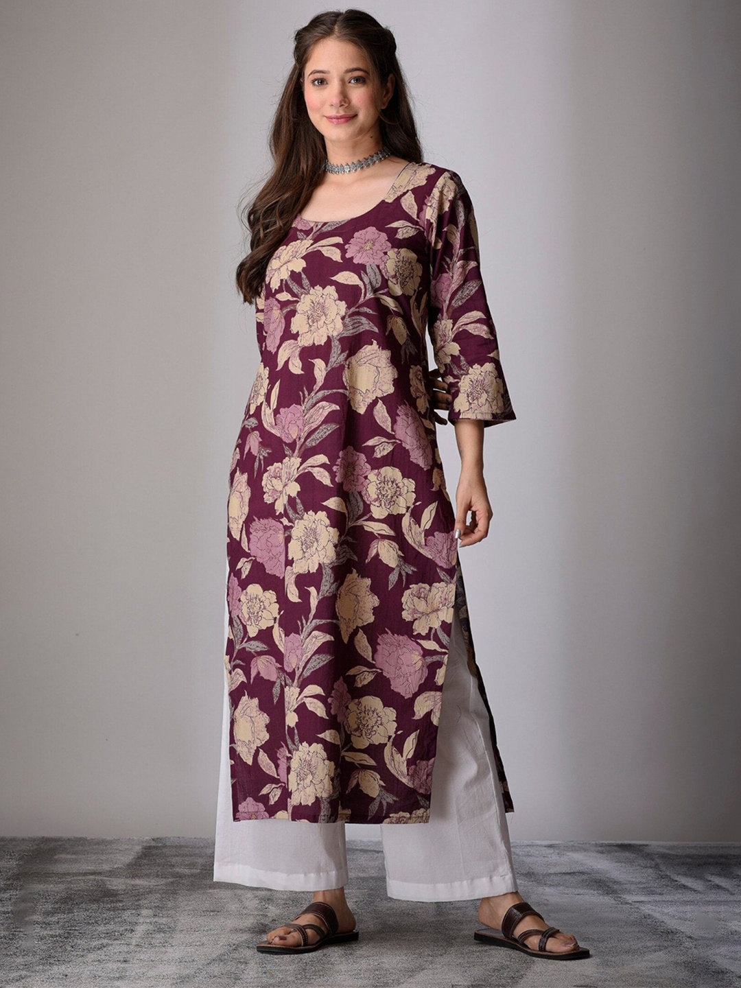 

DIMPLE DESIGN STUDIO Floral Printed Cotton Straight Kurta, Maroon