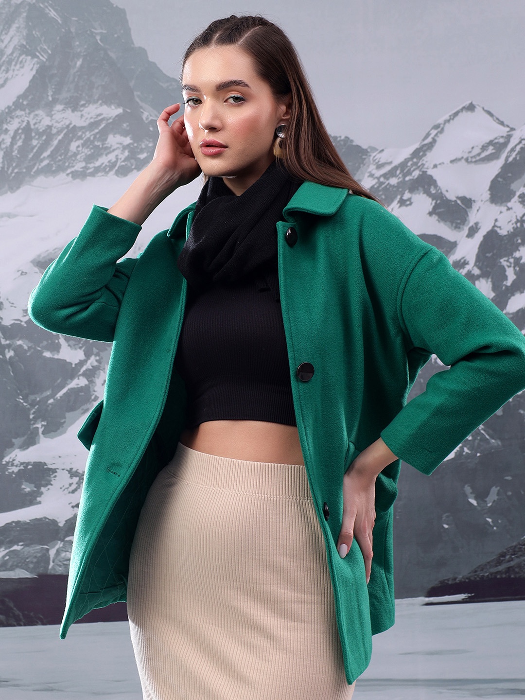 

Kotty Women Spread Collar Single-Breasted Overcoat, Green