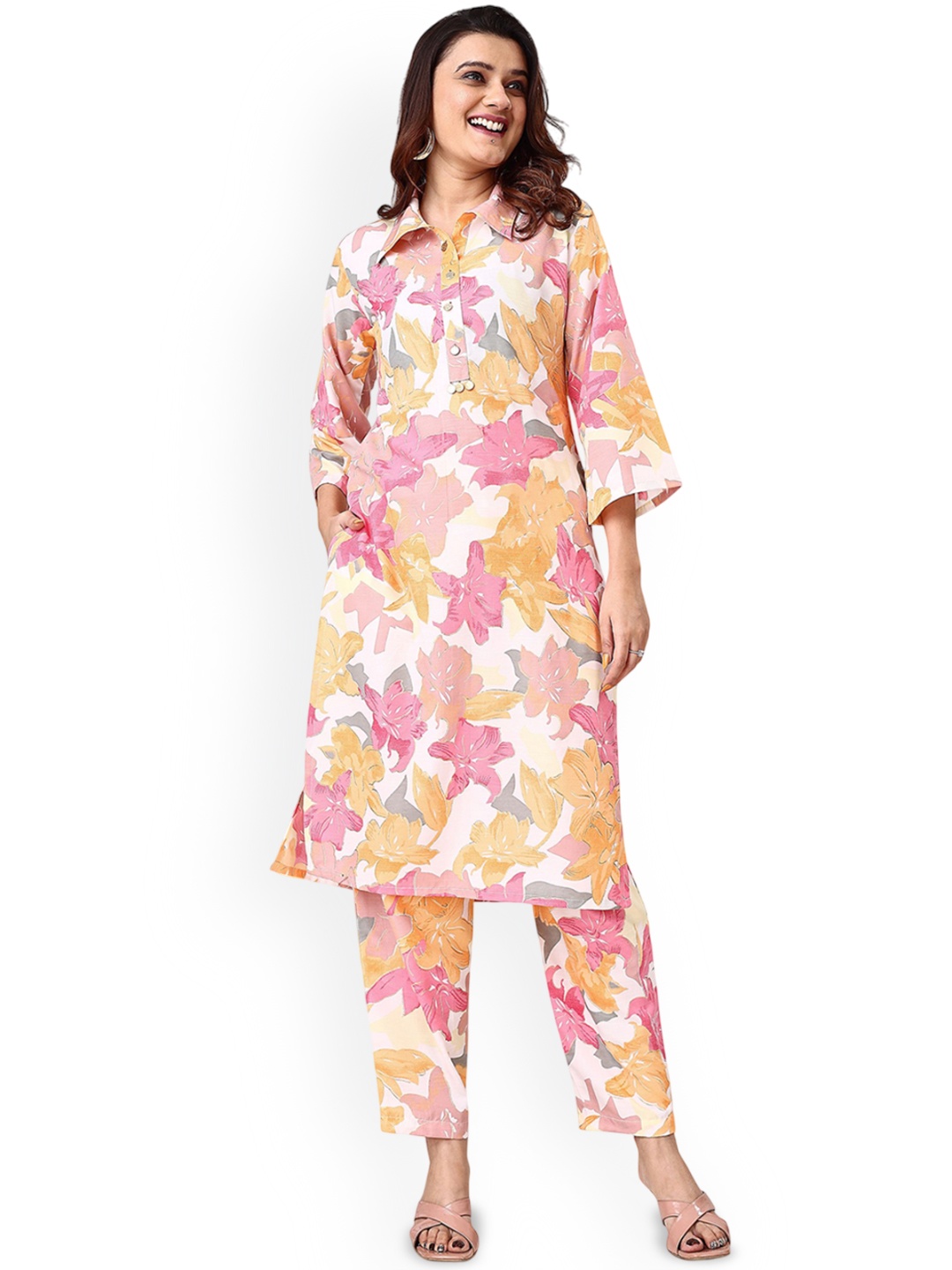 

FAB GALAXY Shirt Collar Printed Top With Trousers, White