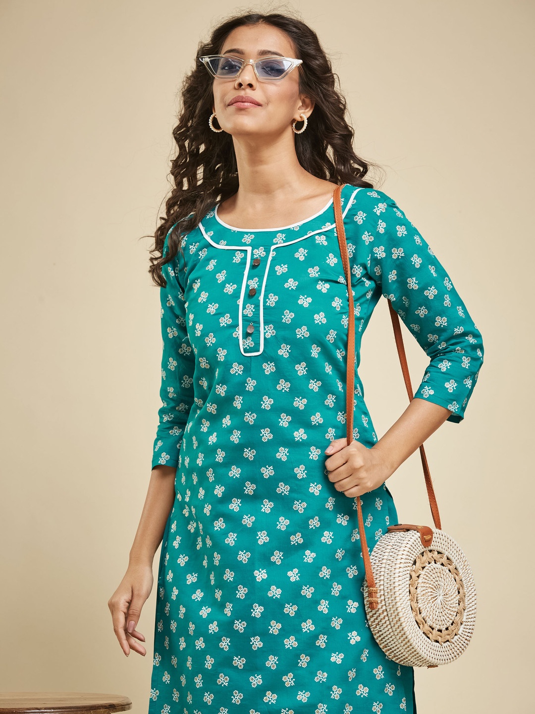 

KALINI Floral Printed Straight Kurta With Trousers & Dupatta, Turquoise blue