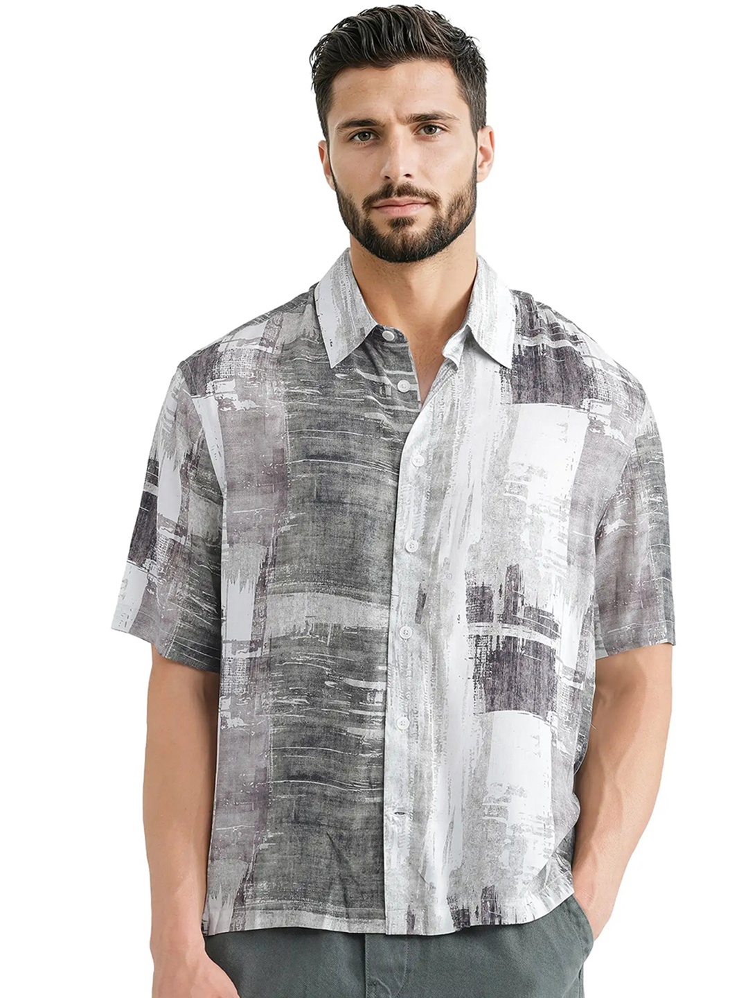 

RARE RABBIT Men Comfort Spread Collar Abstract Printed Cotton Casual Shirt, Grey