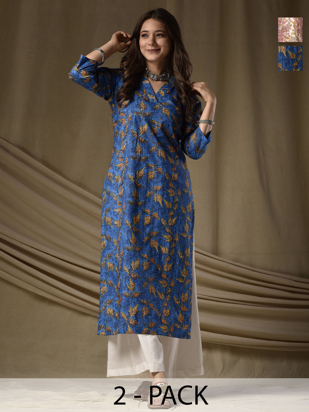 

DIMPLE DESIGN STUDIO Selection Of 2 Floral Screen Printed Pure Cotton Straight Kurtas, Blue