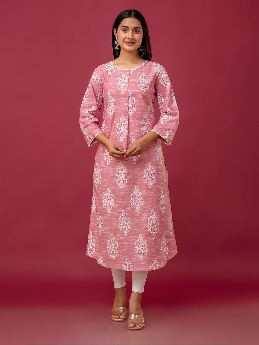 

Chandbaali Floral Printed Thread Work Khadi Cotton A-Line Kurta, Pink