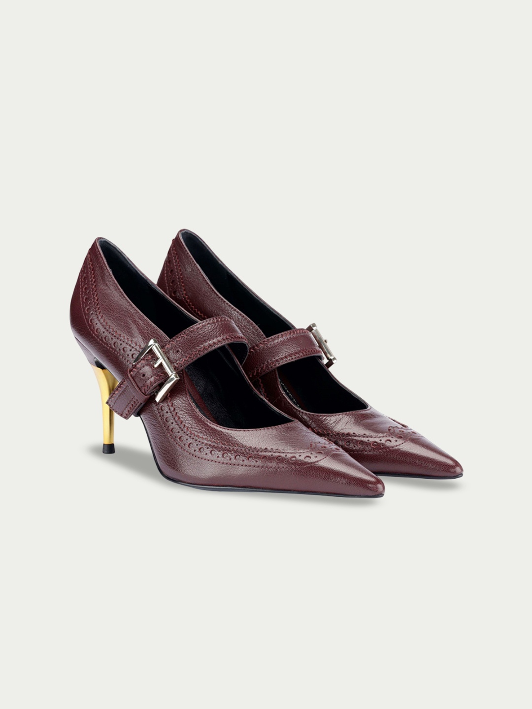 

Oroh Women Leather Party Stiletto Pumps with Buckle, Maroon