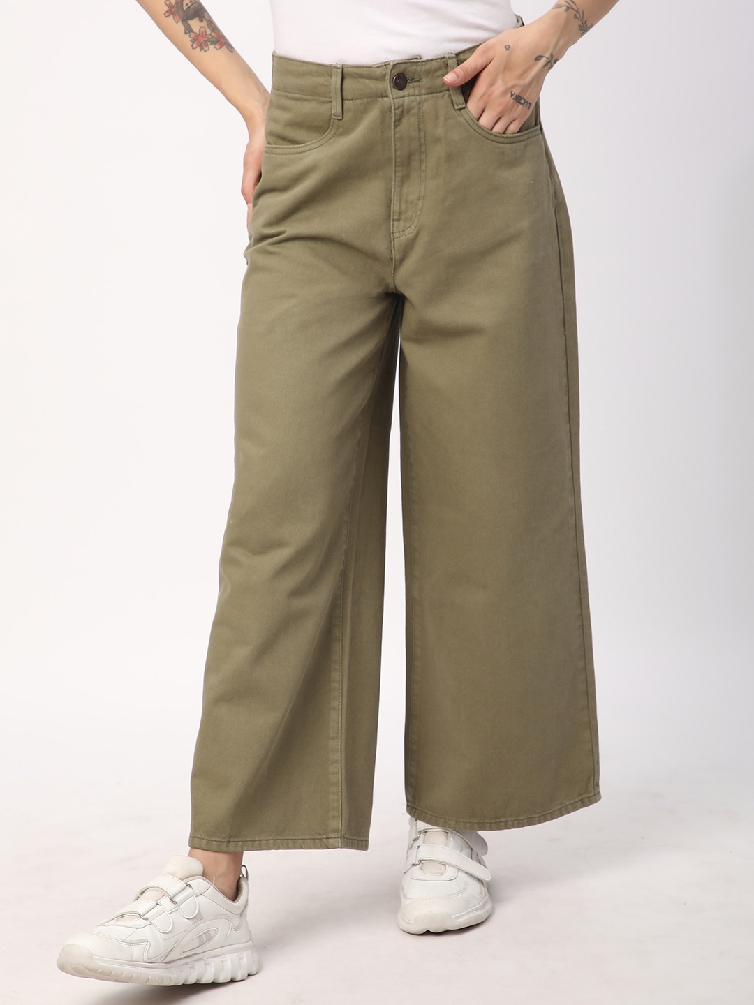 

R&B Women Wide Leg High-Rise Jeans, Olive