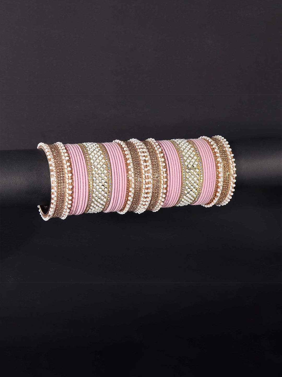 

NMII Pack Of 34 Zircon Stone-Studded & Beaded Chuda Bangles, Pink