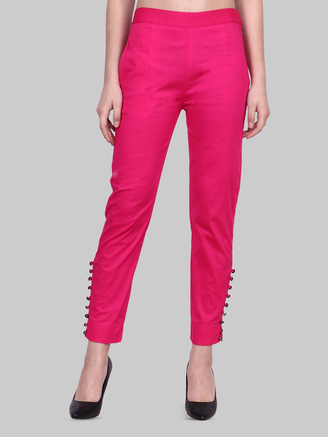 

Popwings Women Cotton Regular Fit Embellished Smart Trousers, Magenta