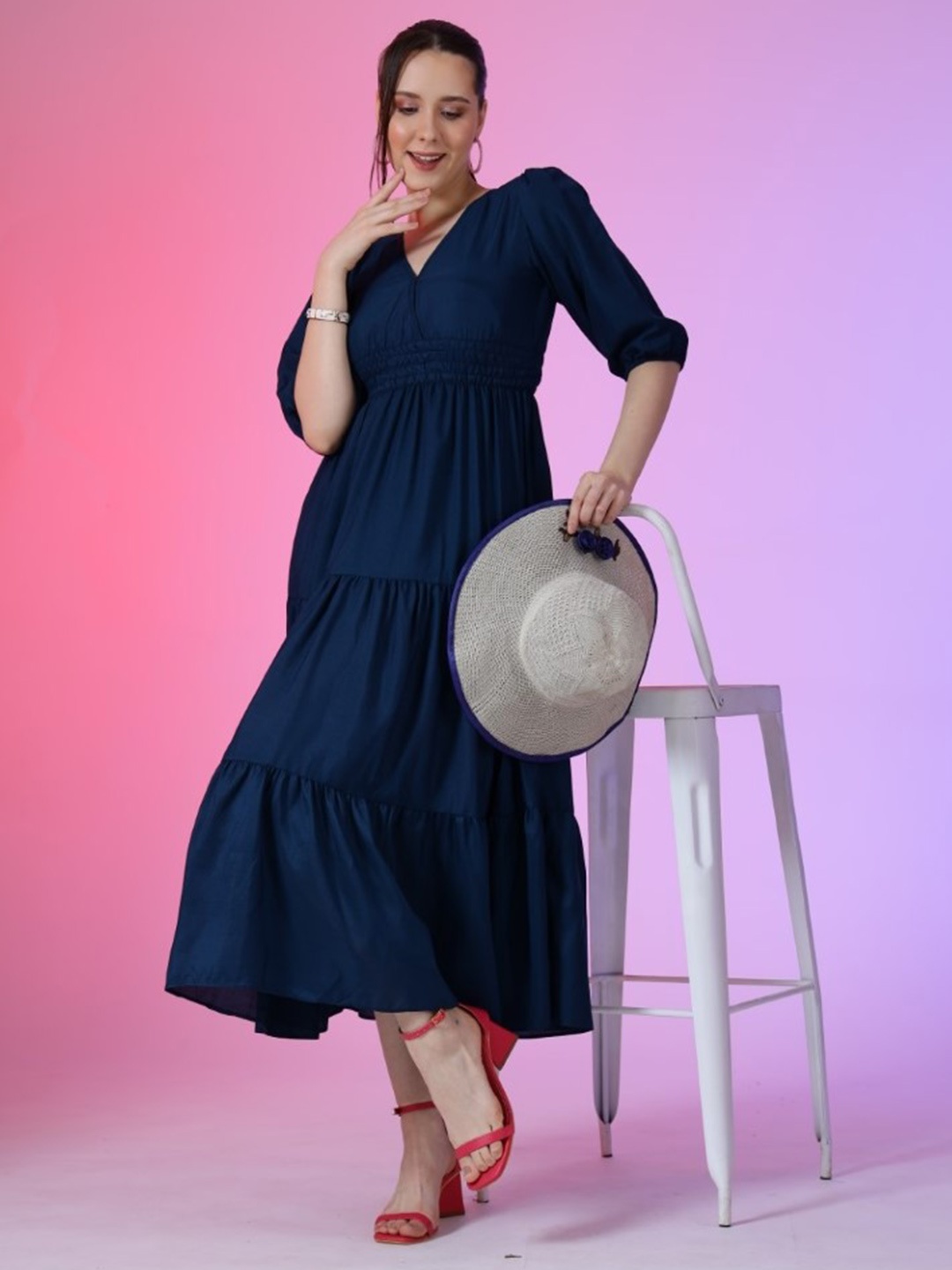 

Femvy Crepe V-Neck Puff Sleeves Tiered Fit & Flare Midi Dress, Blue