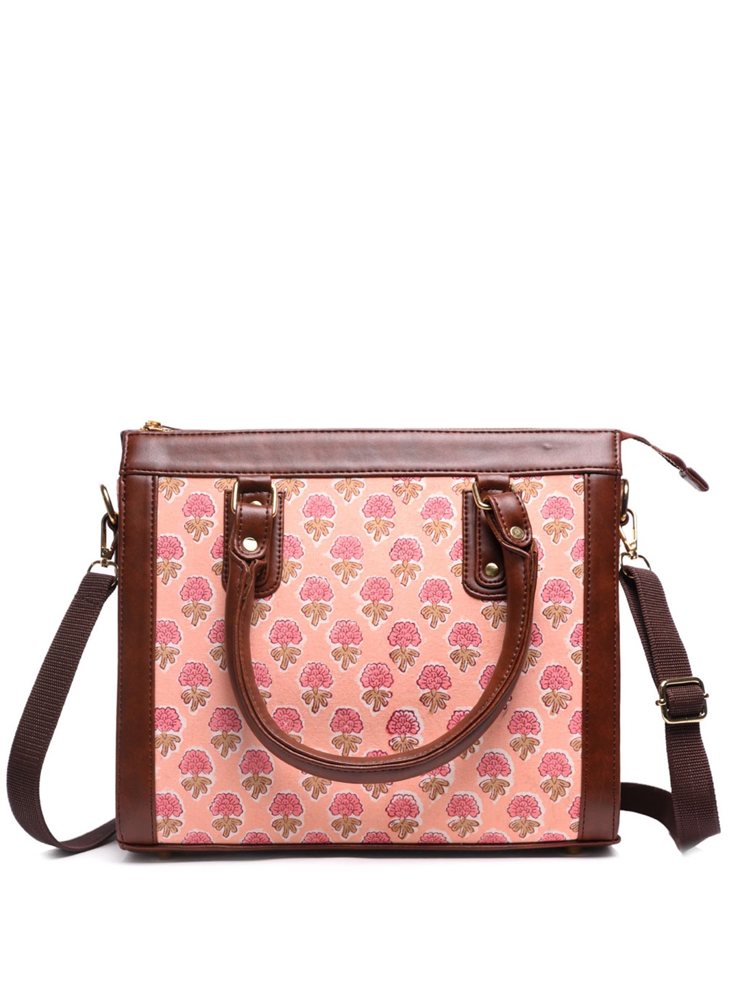 

Block N Style Women Floral Printed Structured Cotton Handheld Bag, Brown