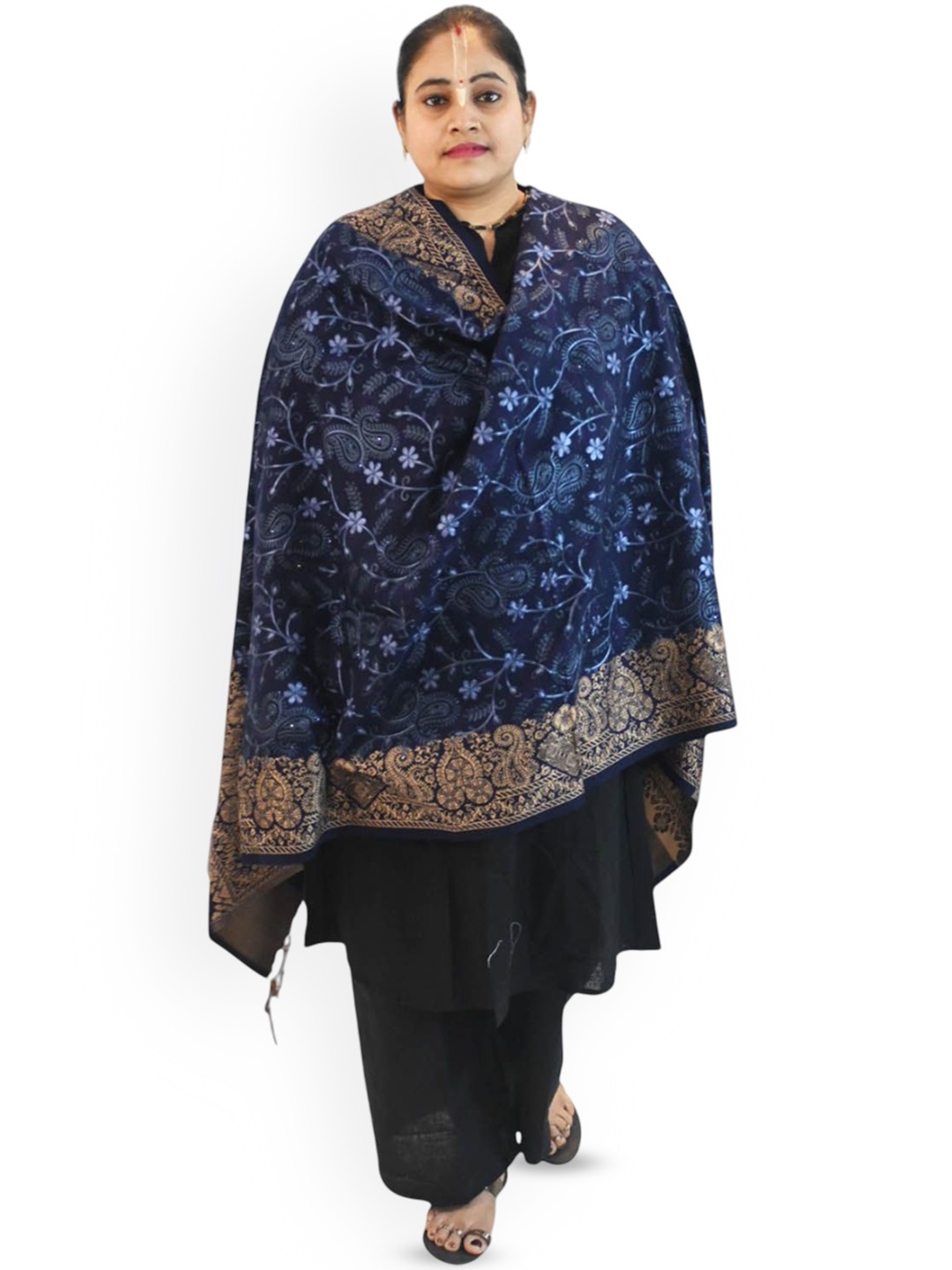 

Vrinde Women Floral Embroidered Shawl, Navy blue