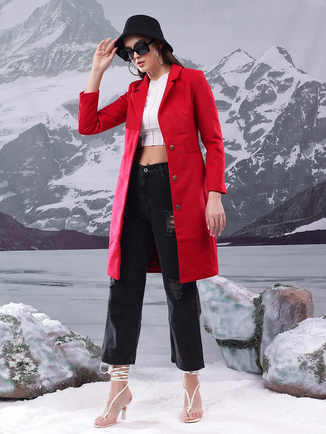 

Kotty Women Notched Lapel Single-Breasted Overcoat, Red