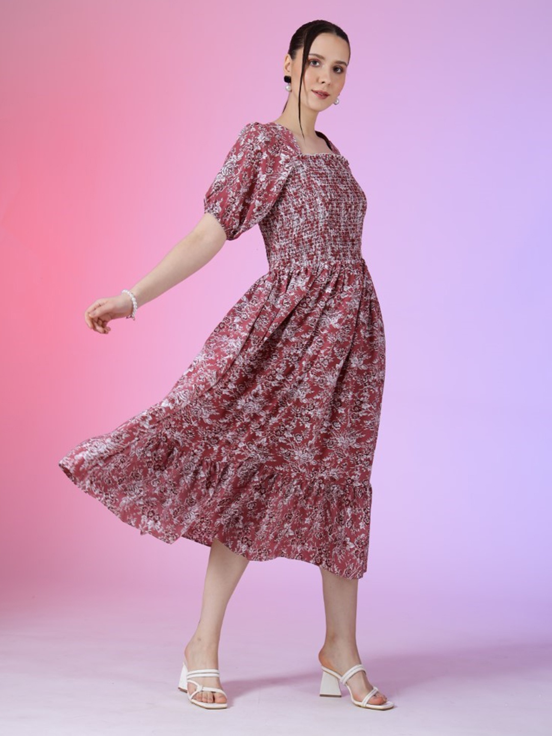 

Femvy Women Printed Fit & Flare Dress, Pink