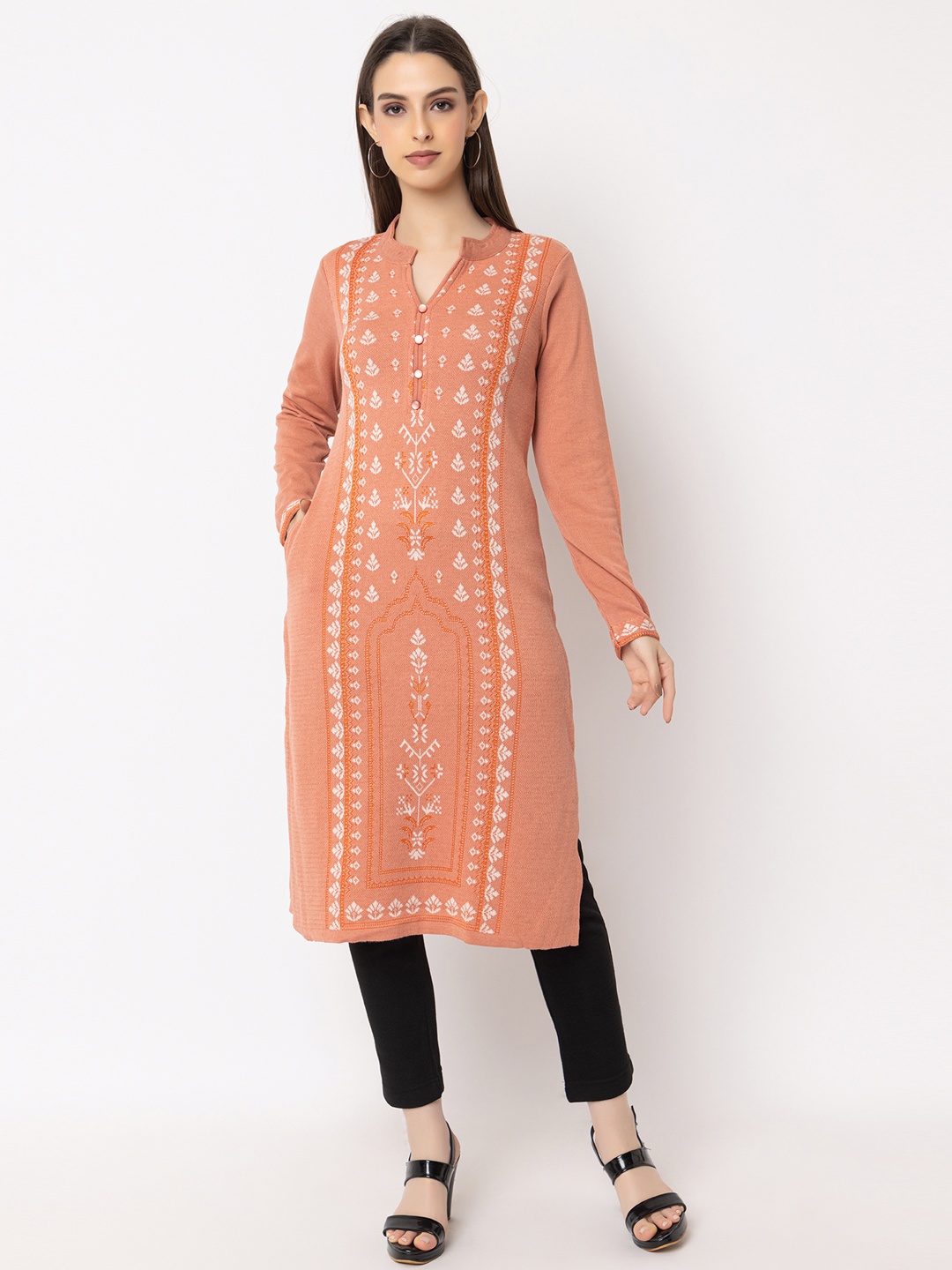 

Anouk Peach Floral Woven Design Mandarin Collar Long Sleeves Regular Straight Kurta