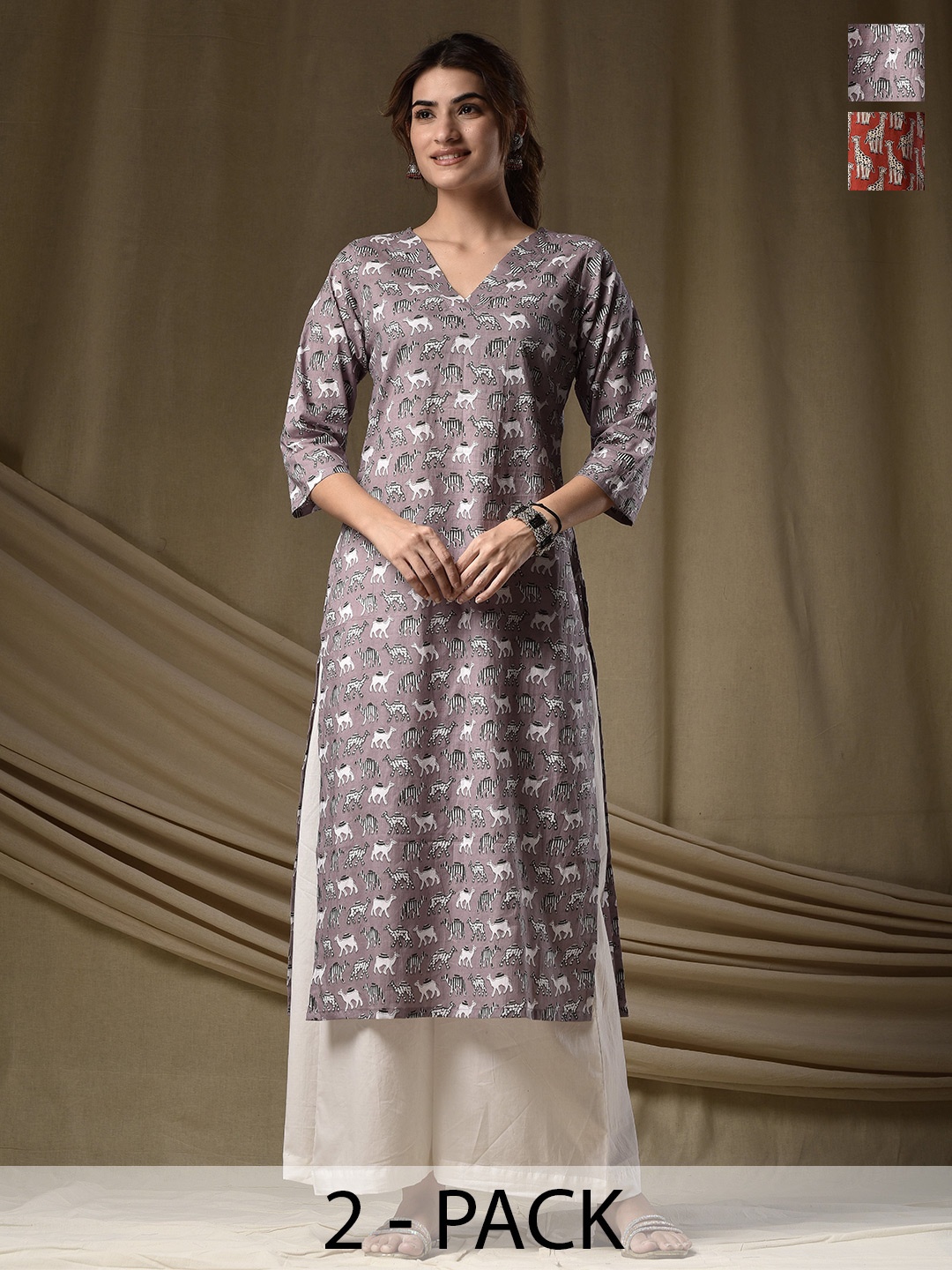 

DIMPLE DESIGN STUDIO Selection Of 2 Quirky Printed V Neck Cotton Straight Kurta, Mauve