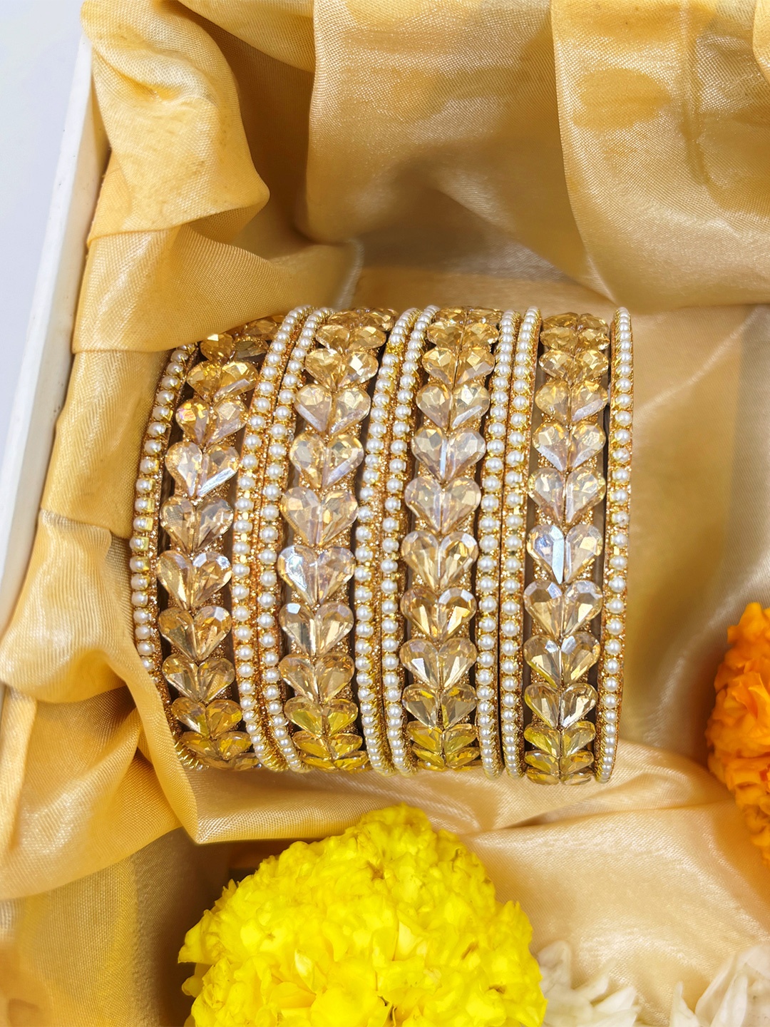

Wedding Chuda by Hitesh Bangles Pack Of 12 Pearl Beaded Bangles, Gold