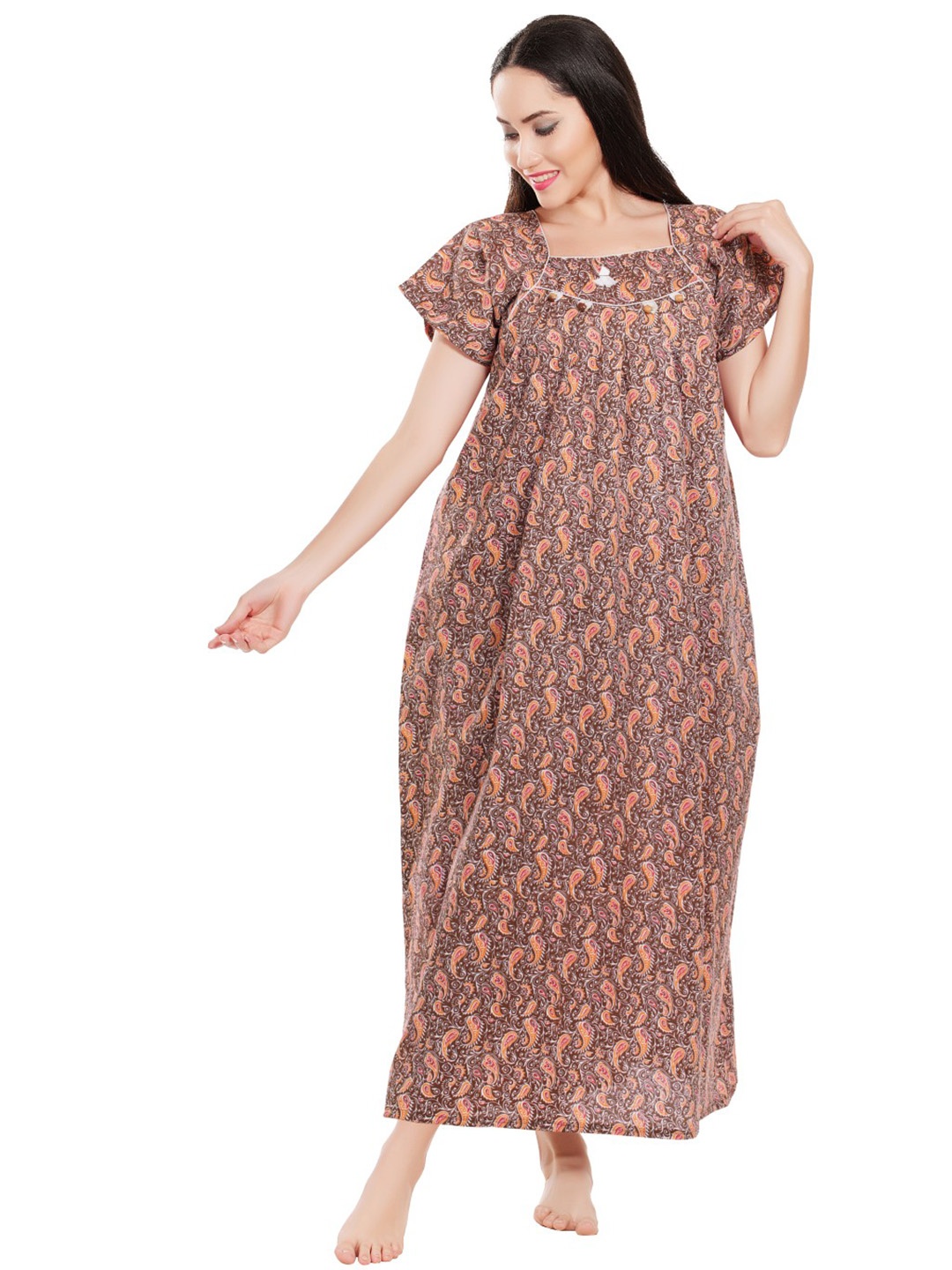 

Zionity Women Ethnic Motifs Printed Maxi Nightdress, Beige