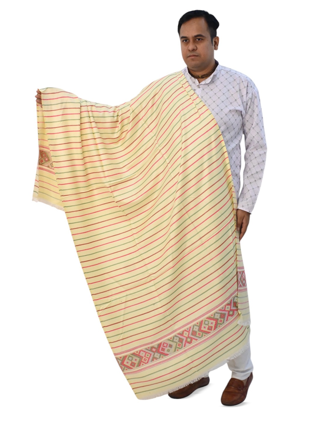 

Vrinde Kashmiri Striped Printed Woollen Shawl, Cream