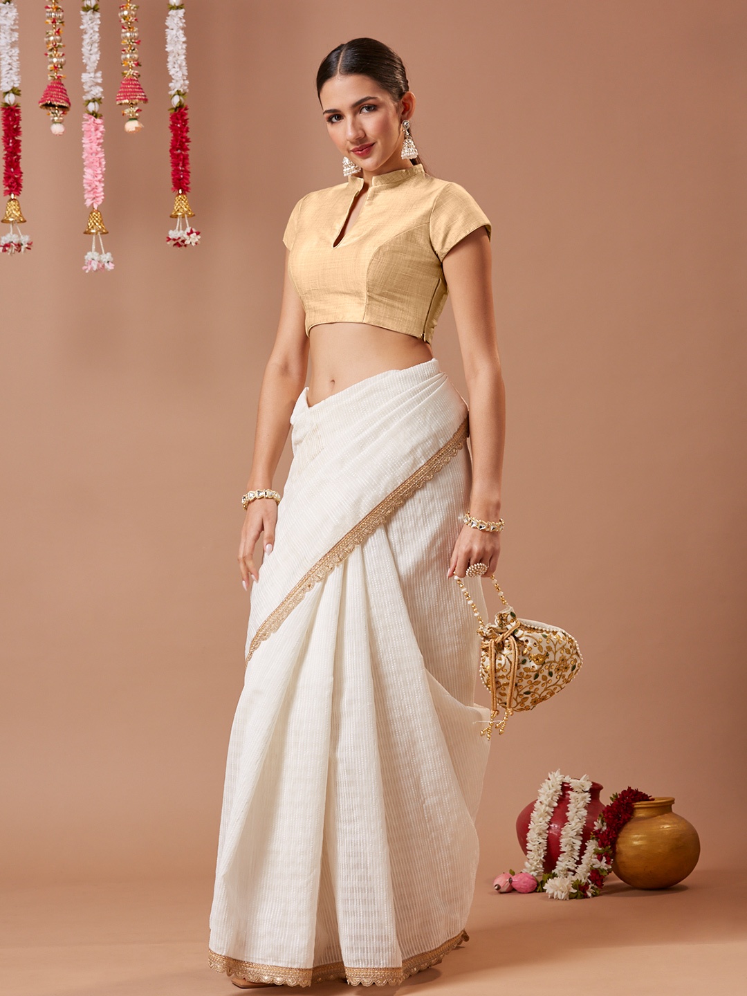 

SALWAR STUDIO Silk Mandarin Collar Saree Blouse, Beige