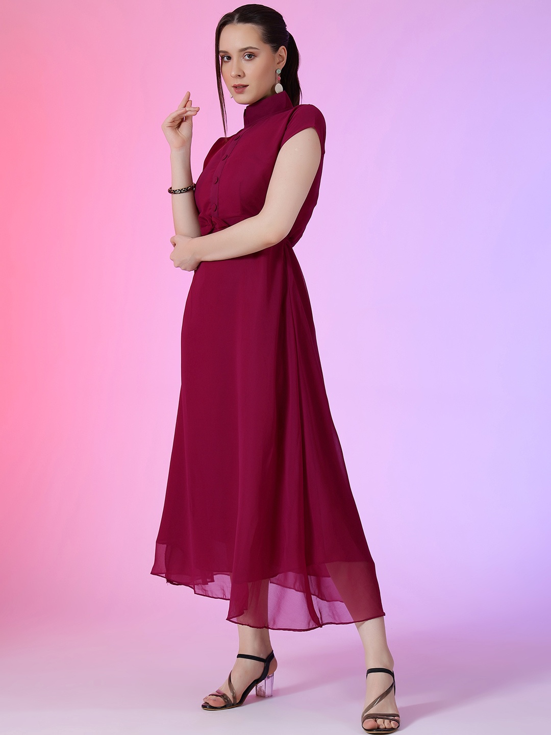 

Femvy Women Peter Pan Collar Georgette Fit & Flare Maxi Dress, Magenta