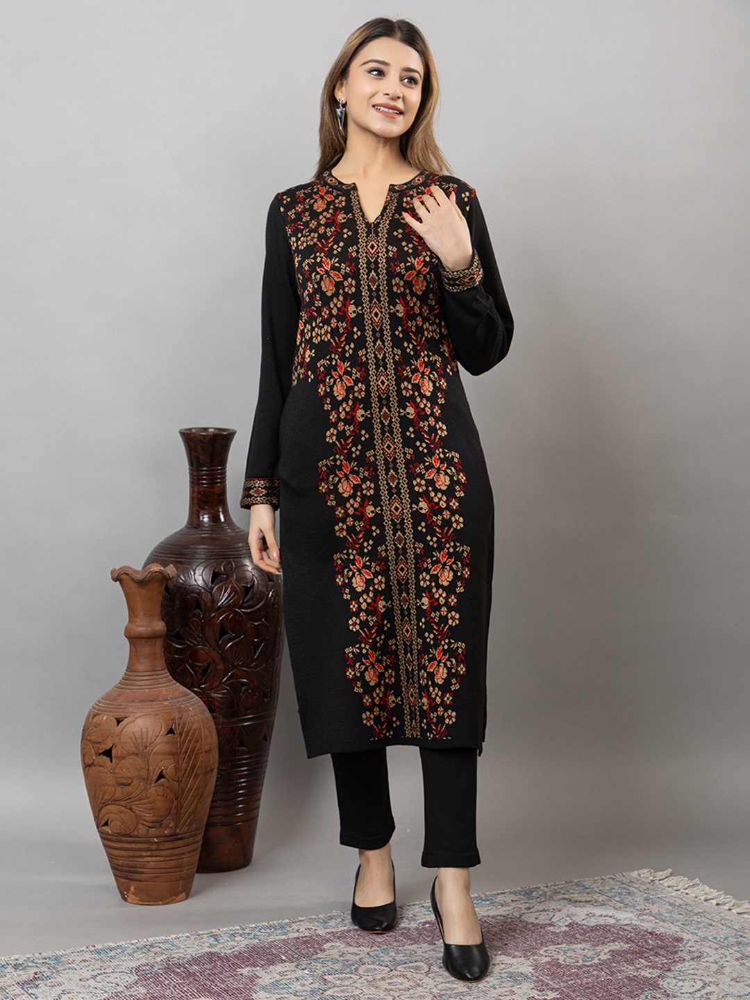 

Anouk Black Floral Woven Design Notch Neck Straight Kurta