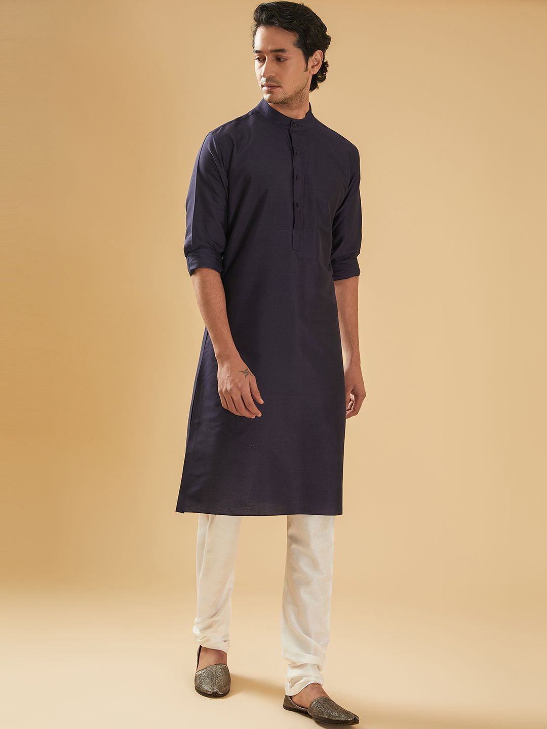 

RR Blue Band Collar Straight Raw Silk Kurta, Navy blue