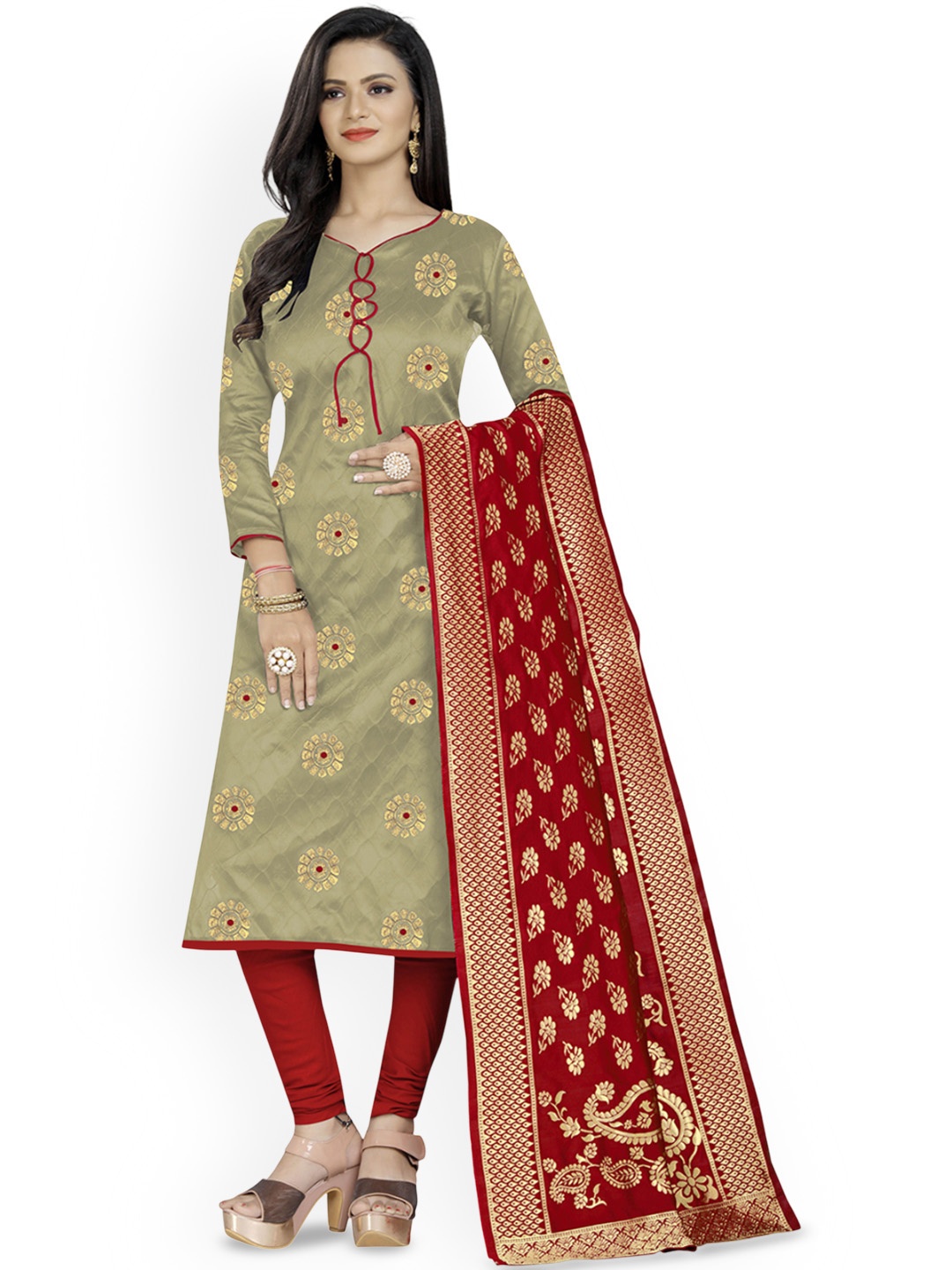 

Maroosh Floral Woven Design Unstitched Dress Material, Beige