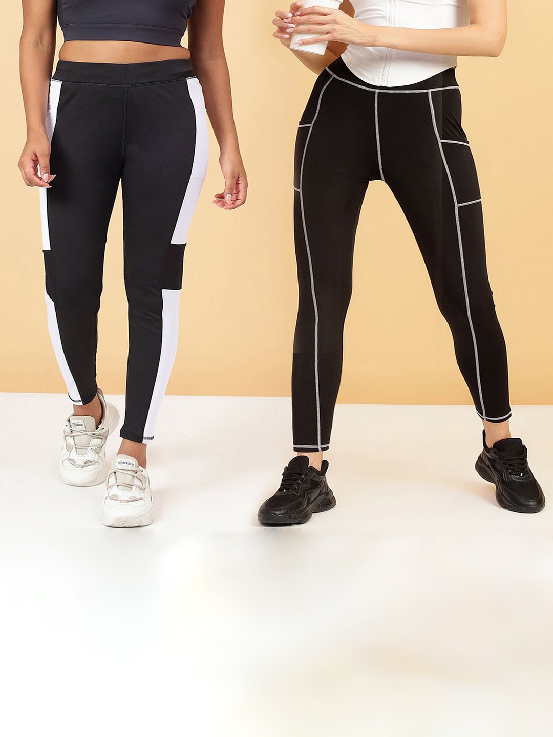

KRONMENINEN Pack Of 2 Striped 4Way Stretchable Skinny Fit Rapid Dry Ankle Length Tights, Black