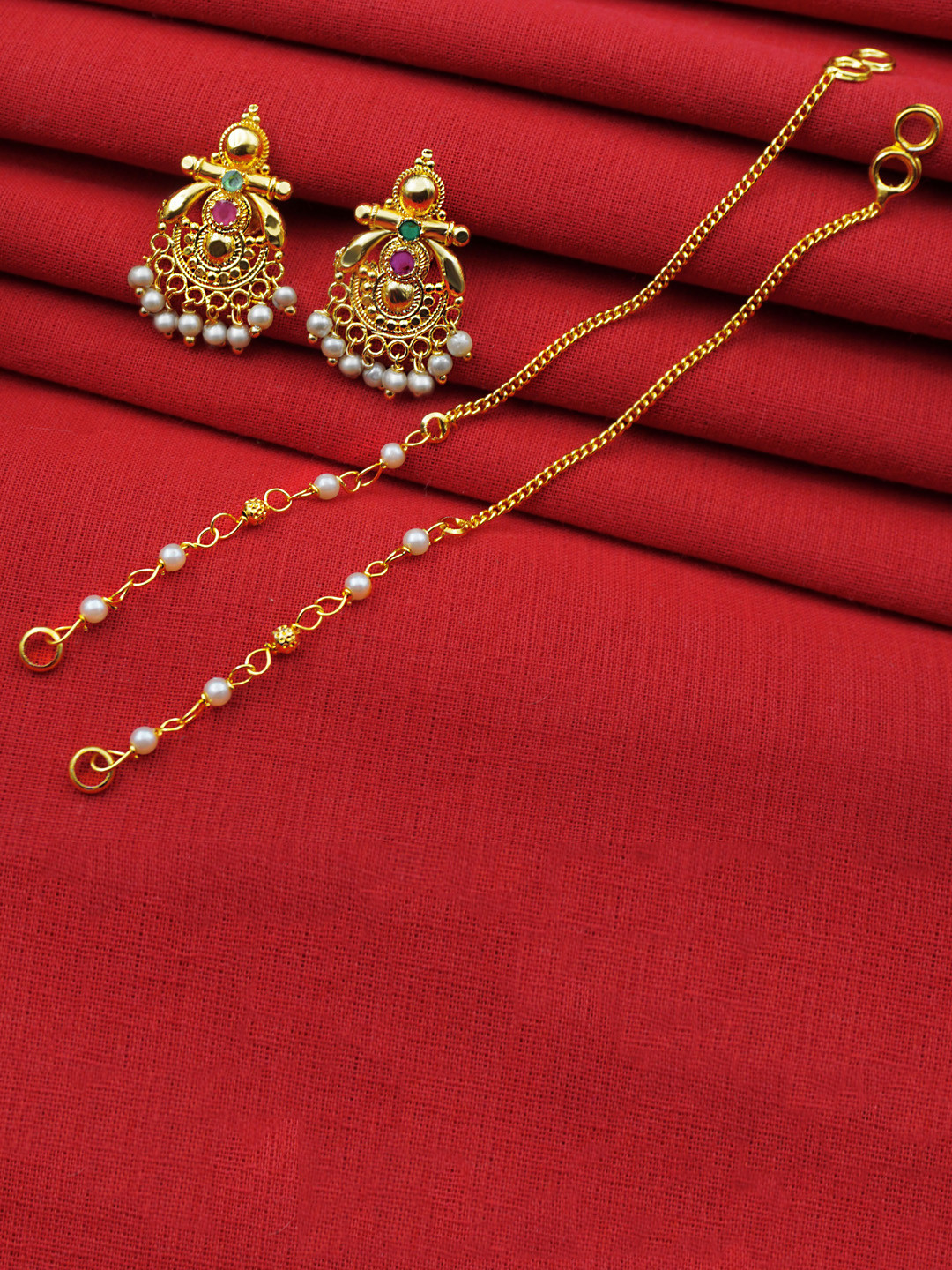 

PINAAKA DARINI 1Gram Gold-Plated Circular Stone Studded & Beaded Drop Earrings With Chains