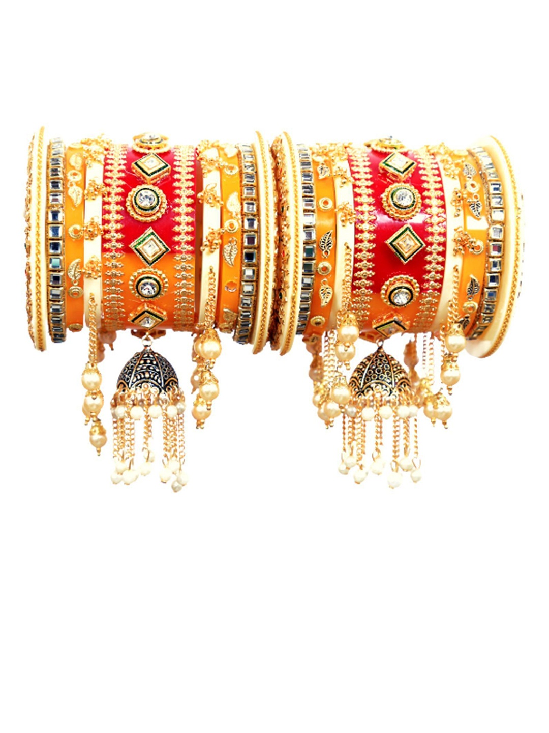 

Align Set Of 2 Gold-Plated Stones Studded & Pearl Beaded Chuda Bangles