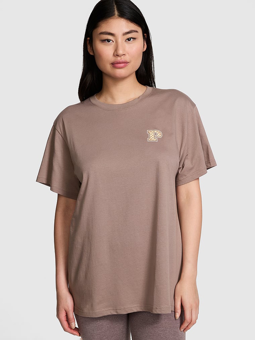 

Victoria's Secret Women Solid Round Neck Cotton Relaxed Fit T-shirt, Brown