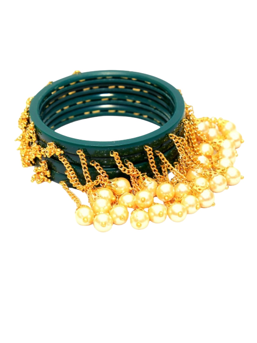 

Align Pack Of 4 Gold-Plated Pearls Studded Hanging Bangles, Green