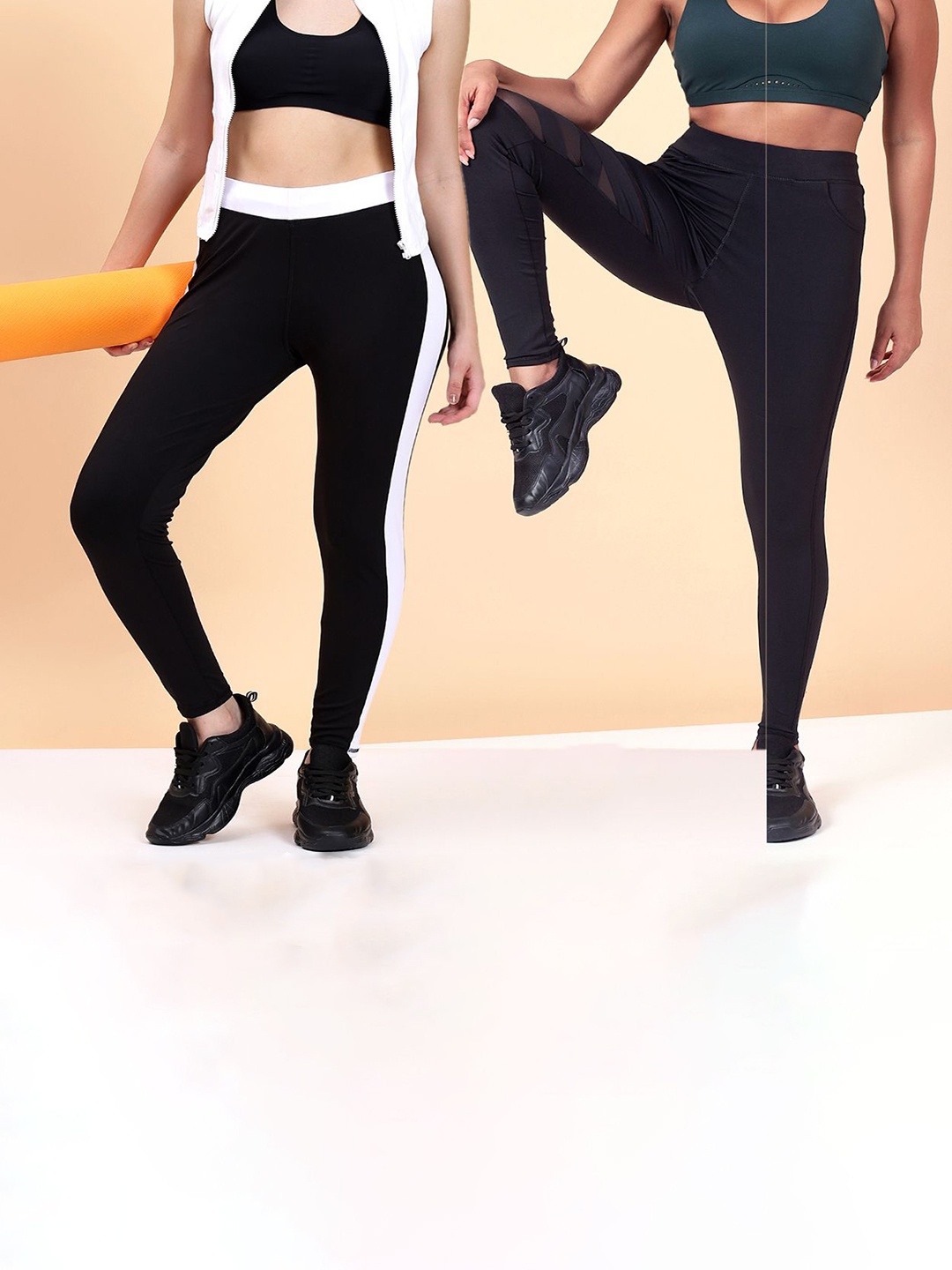 

KRONMENINEN Pack Of 2 Striped 4Way Stretchable Skinny Fit Rapid Dry Ankle Length Tights, Black