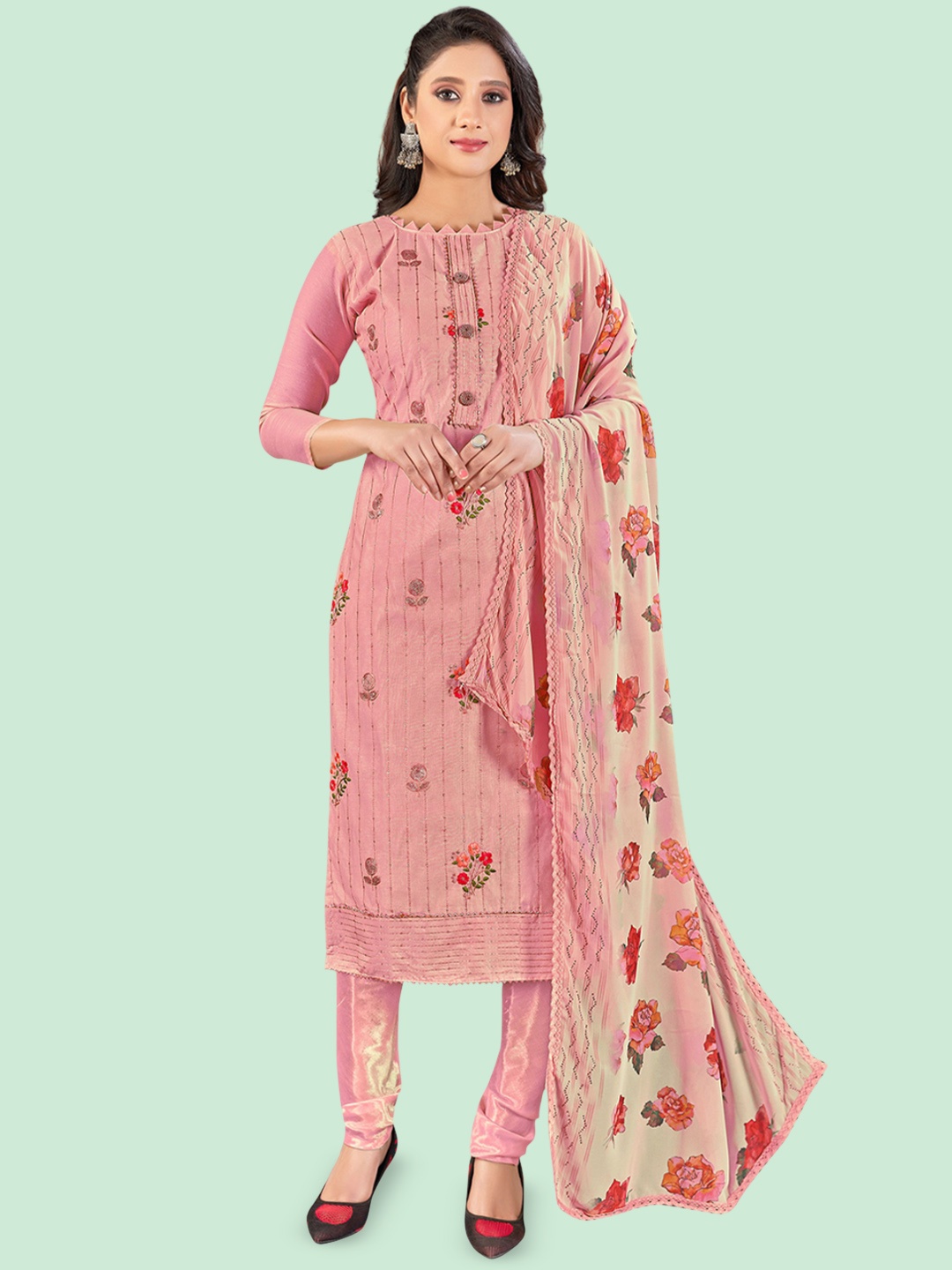 

Maroosh Floral Embroidered Sequinned Unstitched Dress Material, Pink