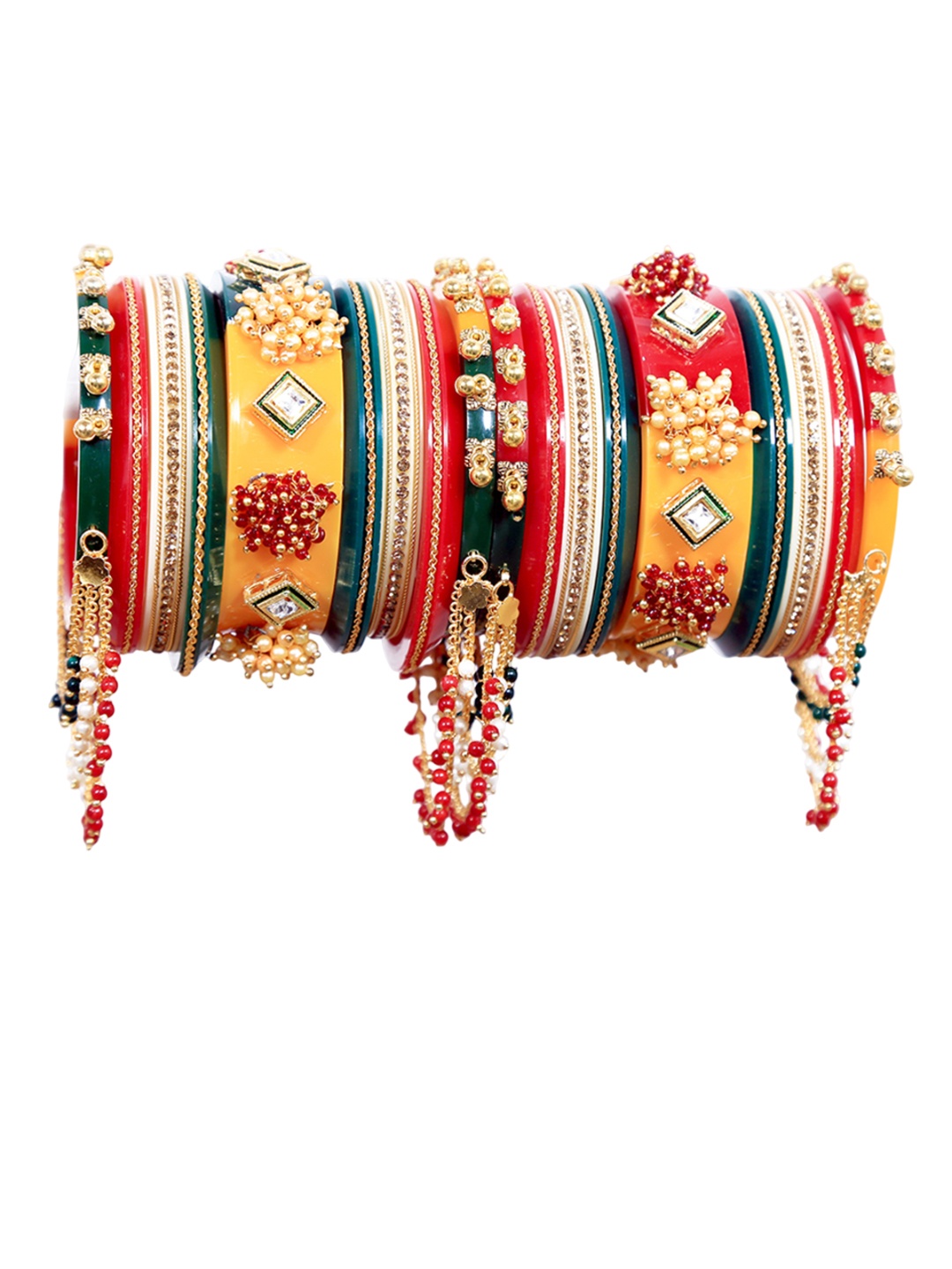 

Align Set Of 2 Gold-Plated Stones Studded & Pearl Beaded Chuda Bangles