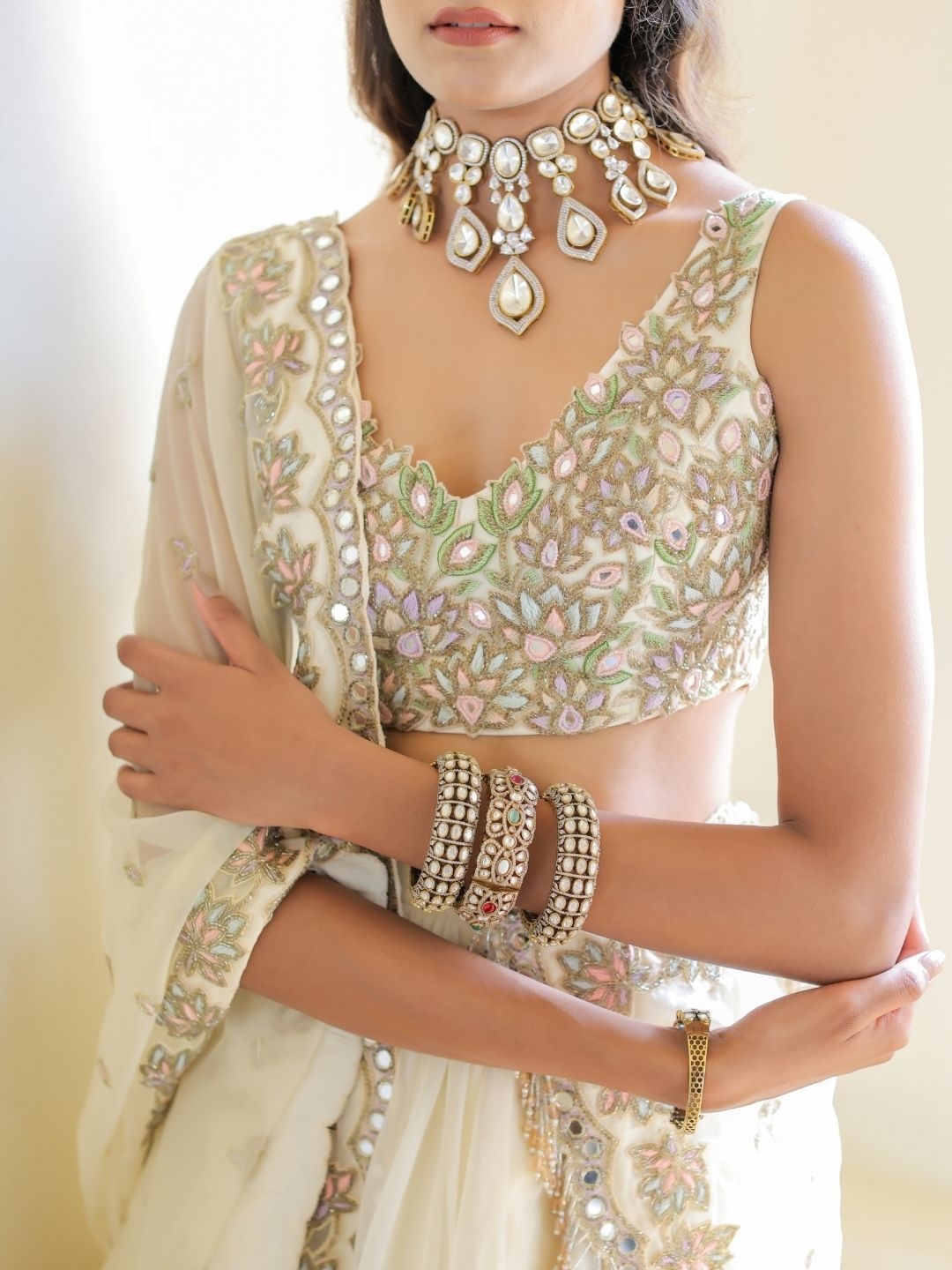 

Foram patel Cream Mirror Embroidered Organza Lehenga