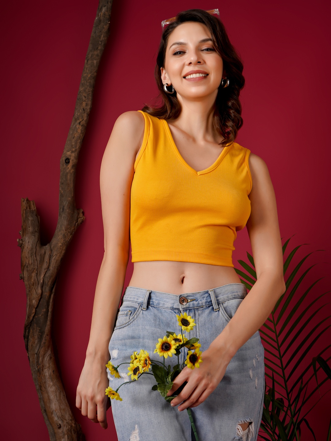 

angloindu Women V Neck Crop Top, Yellow