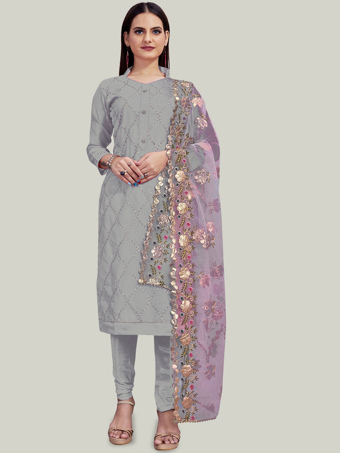 

Maroosh Floral Embroidered Unstitched Dress Material, Grey