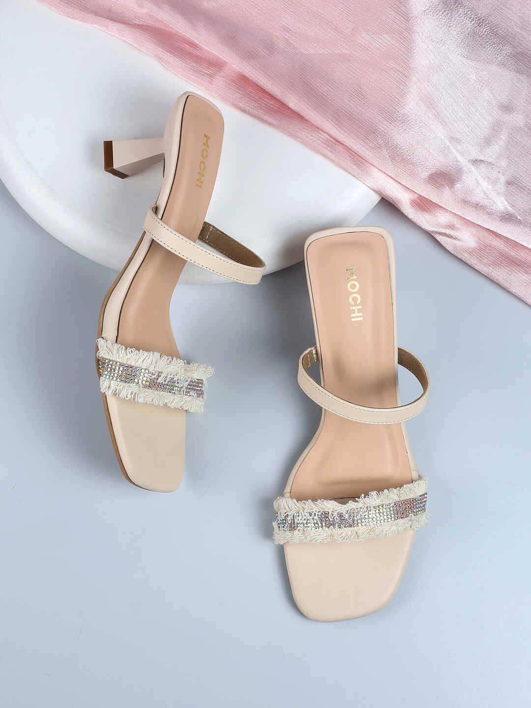 

Mochi Women Embellished Open Toe Block Sandals, Beige