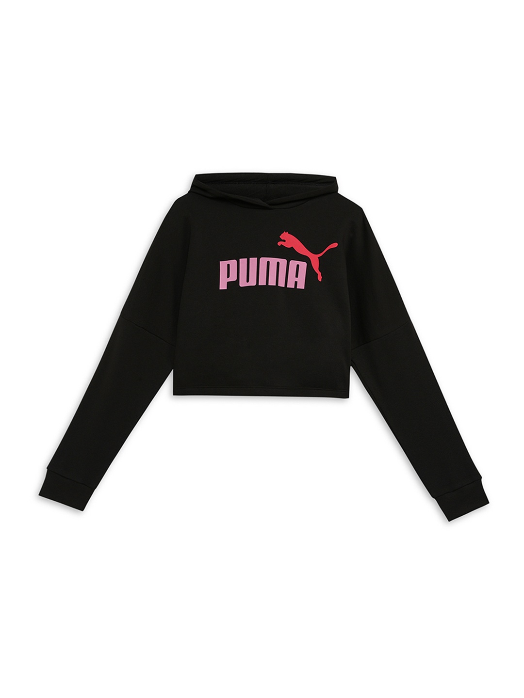 

Puma Girls Brand Logo Printed Essentials Logo Cropped Hooded Relaxed Fit Sweatshirt, Black