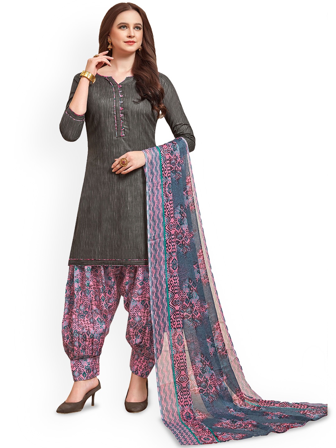 

Maroosh Floral Printed Unstitched Dress Material, Grey