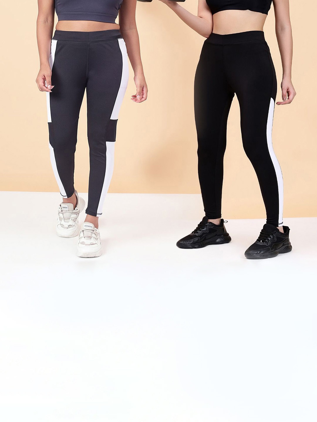 

KRONMENINEN Pack Of 2 Colour-Blocked Skinny Fit Ankle-Length Yoga Black Tights